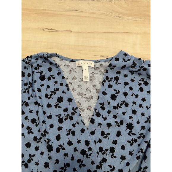 Leith Women Medium Blouse Short Sleeve V-Neck Peplum Floral Blue Y2K - Picture 3 of 7